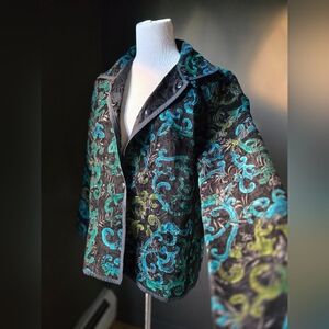 Vintage Velvet Brocade Snap-Front Jacket – Black/Teal/Green